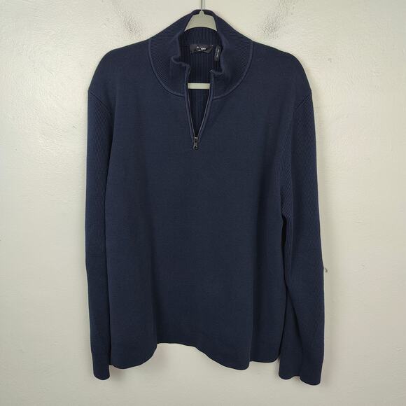 Theory Walton 1/4 Zip Sweater Mens XL‎ Navy Blue Cotton Stretch Preppy Designer - Picture 1 of 8